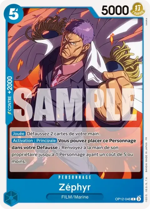 Carte One Piece Zéphyr OP12-046, extension Deck bleu Kuzan