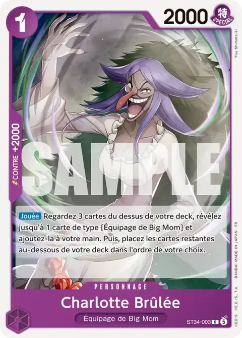 Carte One Piece Charlotte Brûlée ST34-003, extension Deck violet Charlotte Katakuri