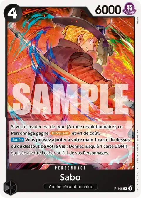 Carte One Piece Sabo P-105, extension Deck rouge/noir Sabo