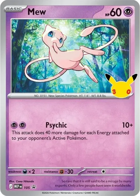 Carte Pokémon Mew Promo 105, extension Pokémon 30e Anniversaire
