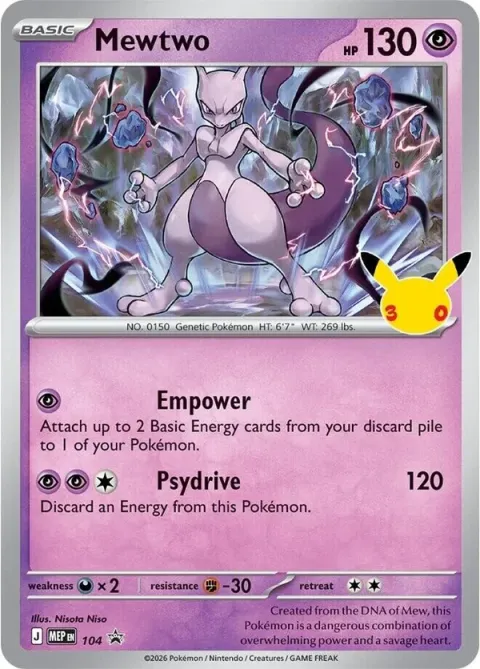 Carte Pokémon Mewtwo Promo 104, extension Pokémon 30e Anniversaire