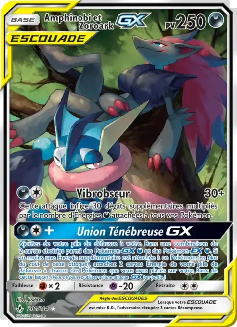 Carte Pokémon Amphinobi et Zoroark GX 201/214, extension Alliance Infaillible