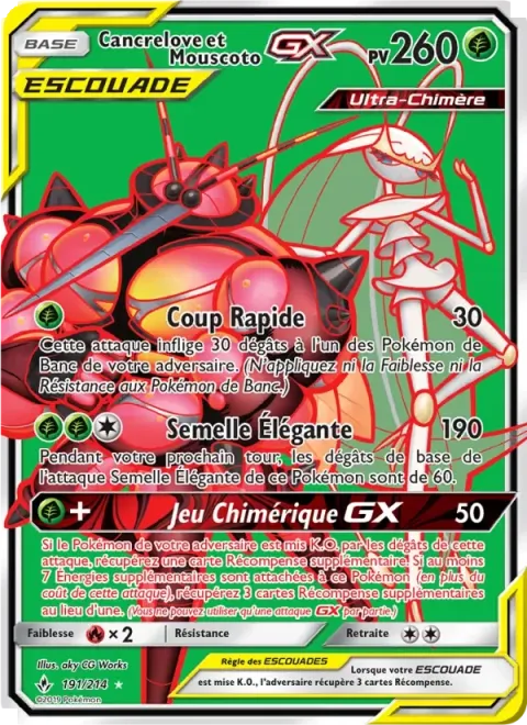 Carte Pokémon Cancrelove et Mouscoto GX 191/214, extension Alliance Infaillible