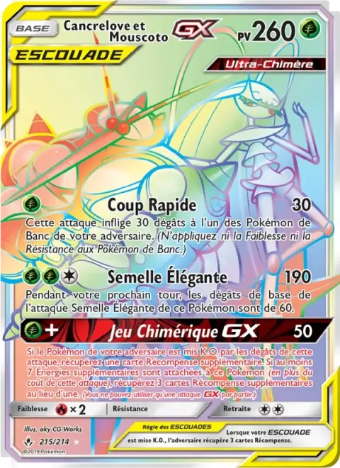 Carte Pokémon Cancrelove et Mouscoto GX 215/214, extension Alliance Infaillible