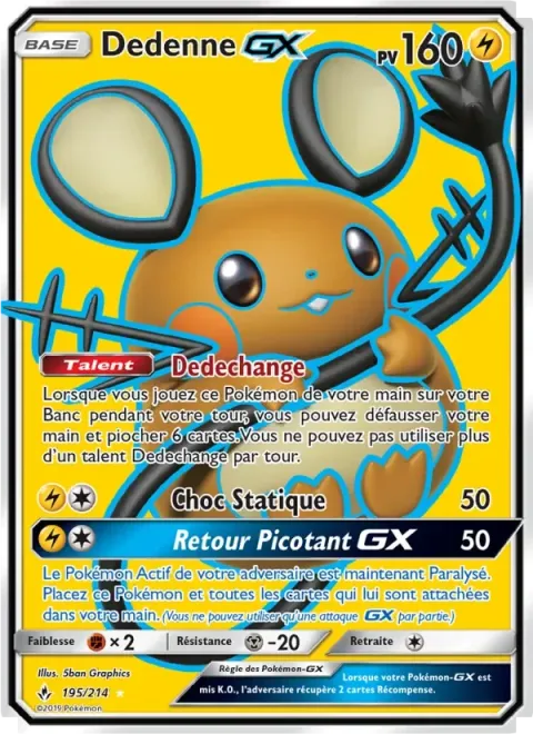 Carte Pokémon Dedenne GX 195/214, extension Alliance Infaillible