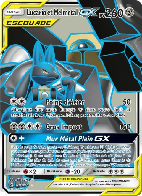 Carte Pokémon Lucario et Melmetal GX 203/214, extension Alliance Infaillible