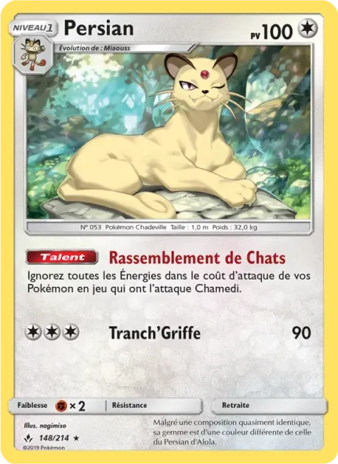 Carte Pokémon Persian 148/214, extension Alliance Infaillible