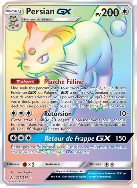 Carte Pokémon Persian GX 227/214, extension Alliance Infaillible