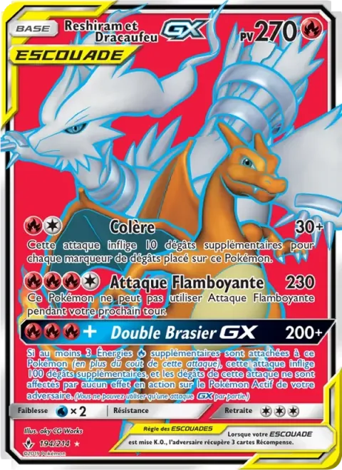 Carte Pokémon Reshiram et Dracaufeu GX 194/214, extension Alliance Infaillible