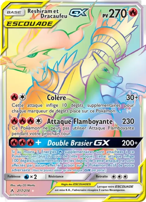 Carte Pokémon Reshiram et Dracaufeu GX 217/214, extension Alliance Infaillible