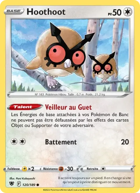 Carte Pokémon Hoothoot 120/189, extension Astres Radieux
