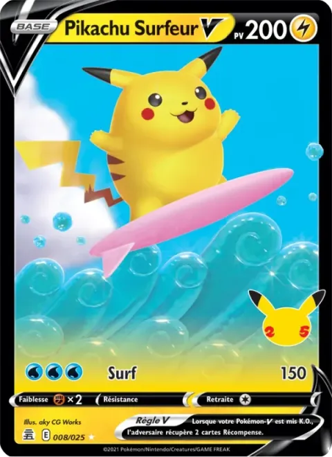 Carte Pokémon Pikachu Surfeur V 008/025, extension Célébrations