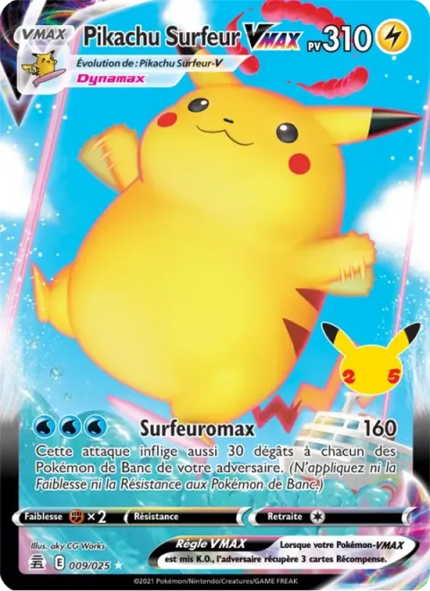 Carte Pokémon Pikachu Surfeur VMAX 009/025, extension Célébrations