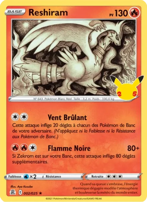 Carte Pokémon Reshiram 002/025, extension Célébrations