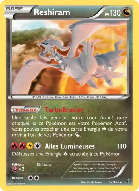 Carte Pokémon Reshiram 063/108, extension Ciel Rugissant