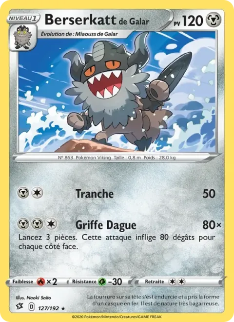 Carte Pokémon Berserkatt de Galar 127/192, extension Clash des Rebelles