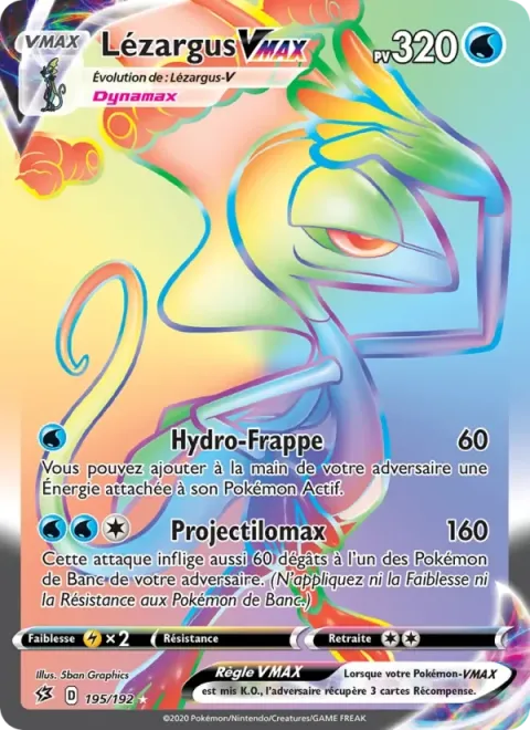 Carte Pokémon Lézargus VMAX 195/192, extension Clash des Rebelles