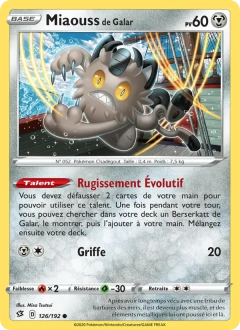 Carte Pokémon Miaouss de Galar 126/192, extension Clash des Rebelles