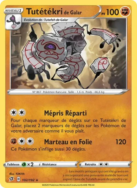 Carte Pokémon Tutétékri de Galar 102/192, extension Clash des Rebelles