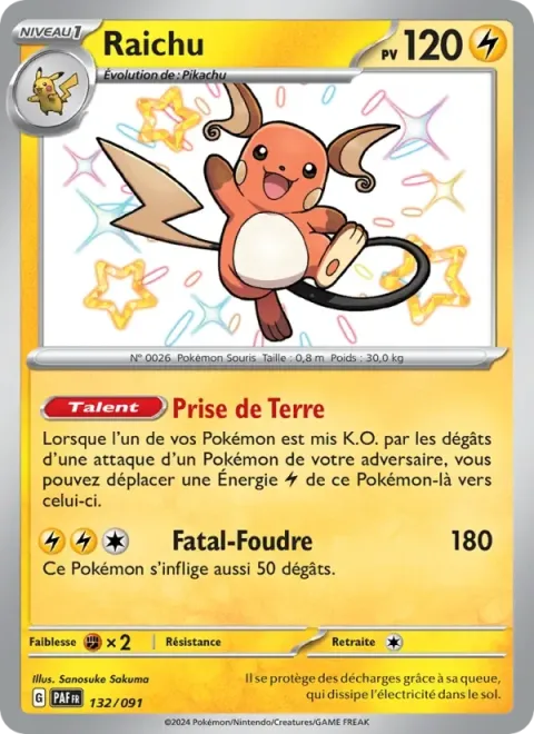 Carte Pokémon Raichu 132/091, extension Destinées de Paldea