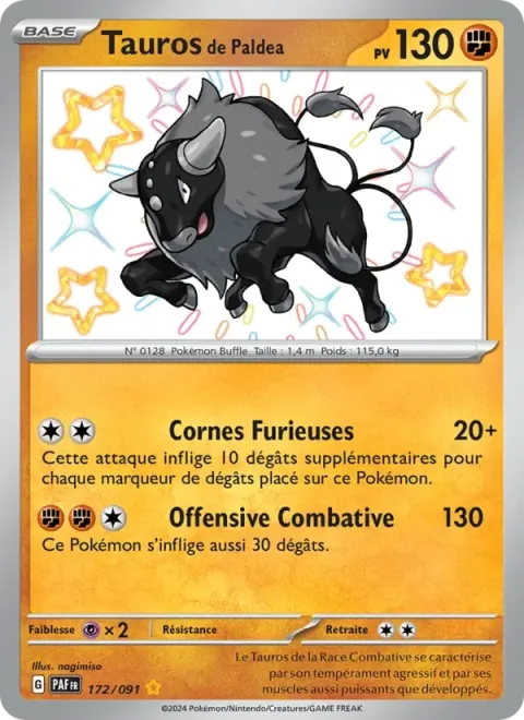 Carte Pokémon Tauros de Paldea 172/091, extension Destinées de Paldea