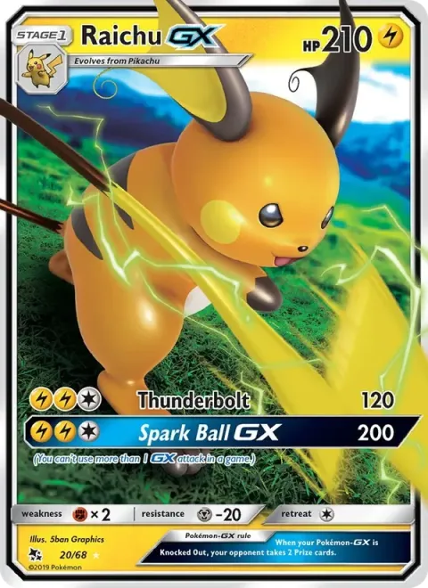 Carte Pokémon Raichu-GX 020/068, extension Destinées Occultes