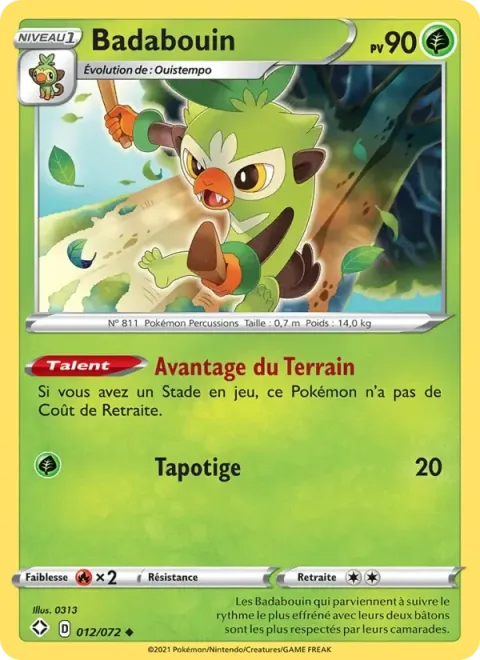 Carte Pokémon Badabouin 012/072, extension Destinées Radieuses