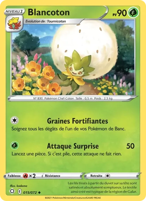 Carte Pokémon Blancoton 015/072, extension Destinées Radieuses