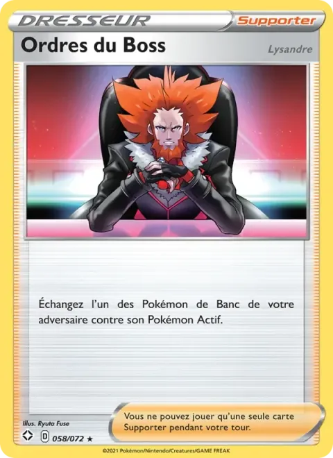 Carte Pokémon Ordres du Boss (Lysandre) 058/072, extension Destinées Radieuses