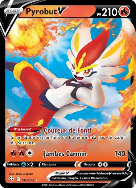 Carte Pokémon Pyrobut V 018/072, extension Destinées Radieuses