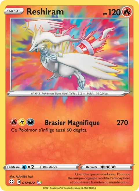 Carte Pokémon Reshiram 017/072, extension Destinées Radieuses
