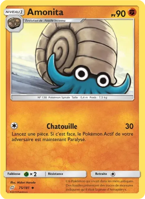 Carte Pokémon Amonita 075/181, extension Duo de Choc