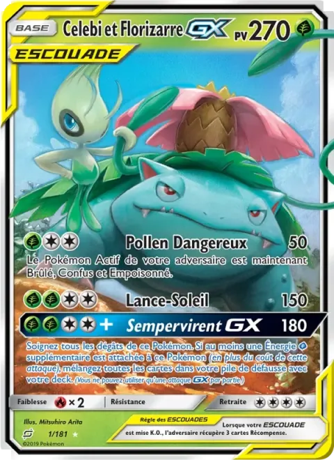Carte Pokémon Celebi et Florizarre GX 001/181, extension Duo de Choc
