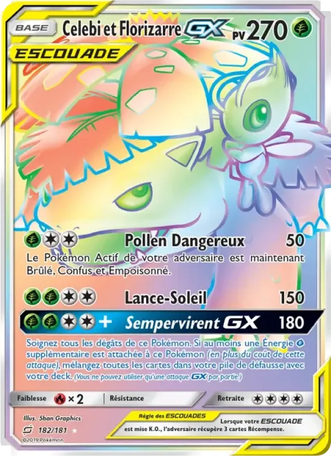 Carte Pokémon Celebi et Florizarre GX 182/181, extension Duo de Choc