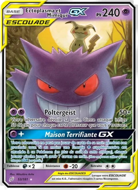 Carte Pokémon Ectoplasma et Mimiqui GX 053/181, extension Duo de Choc
