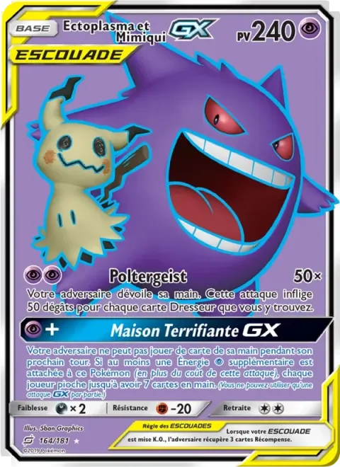 Carte Pokémon Ectoplasma et Mimiqui GX 164/181, extension Duo de Choc