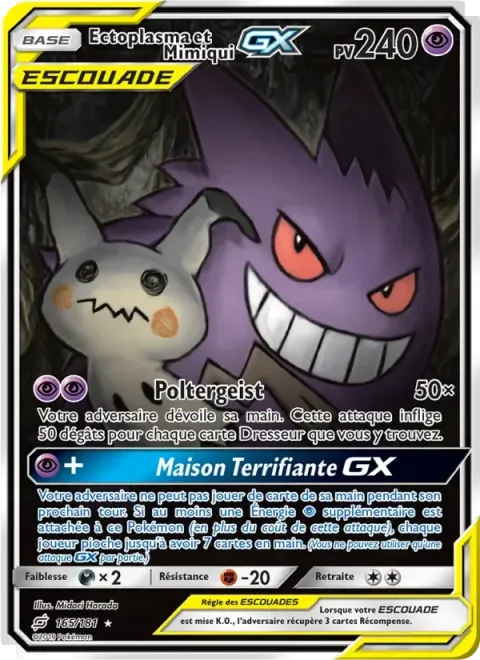 Carte Pokémon Ectoplasma et Mimiqui GX 165/181, extension Duo de Choc