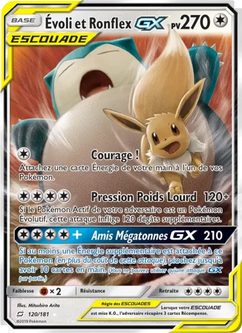 Carte Pokémon Évoli et Ronflex GX 120/181, extension Duo de Choc