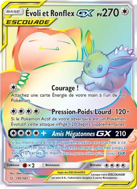 Carte Pokémon Évoli et Ronflex GX 191/181, extension Duo de Choc