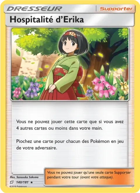 Carte Pokémon Hospitalité d’Erika 140/181, extension Duo de Choc