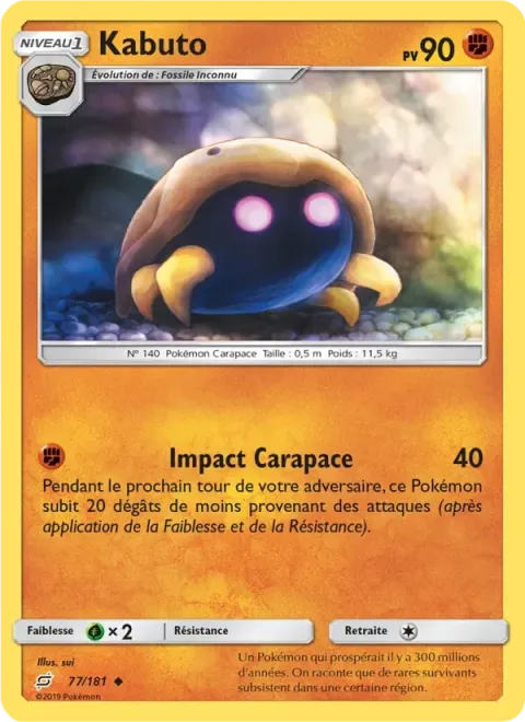 Carte Pokémon Kabuto 077/181, extension Duo de Choc