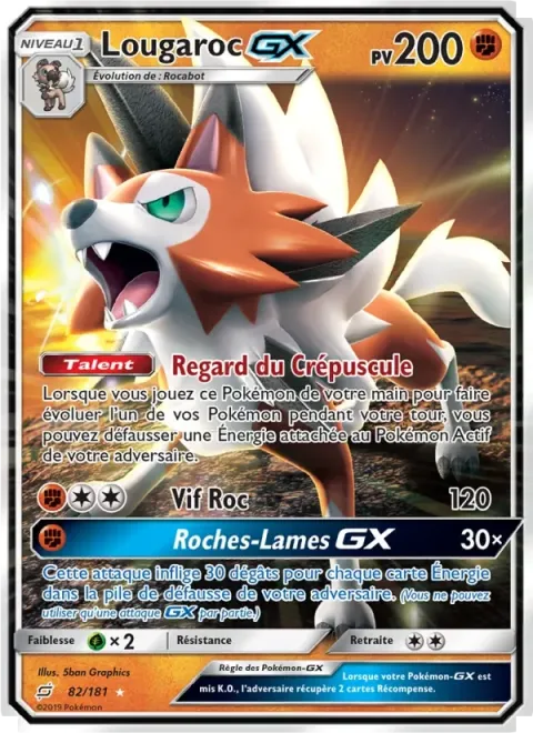 Carte Pokémon Lougaroc GX 082/181, extension Duo de Choc