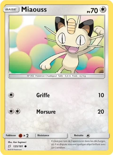 Carte Pokémon Miaouss 125/181, extension Duo de Choc