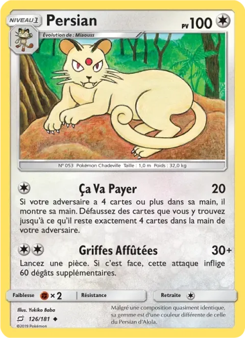 Carte Pokémon Persian 126/181, extension Duo de Choc