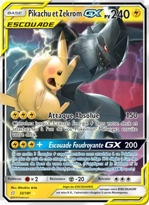 Carte Pokémon Pikachu et Zekrom GX 033/181, extension Duo de Choc