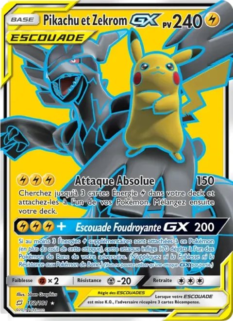 Carte Pokémon Pikachu et Zekrom GX 162/181, extension Duo de Choc