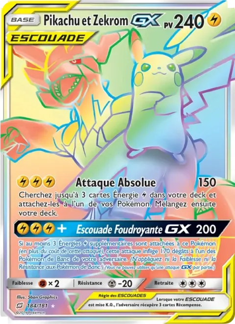 Carte Pokémon Pikachu et Zekrom GX 184/181, extension Duo de Choc