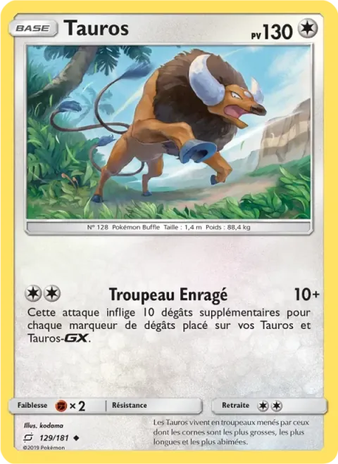 Carte Pokémon Tauros 129/181, extension Duo de Choc