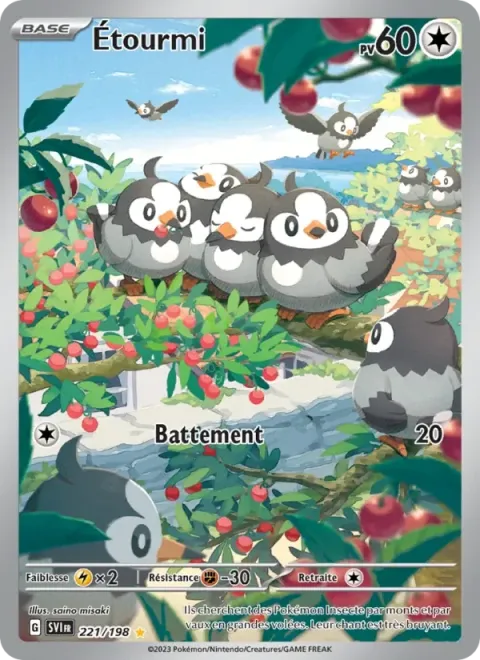 Carte Pokémon Étourmi 221/198, extension Écarlate et Violet
