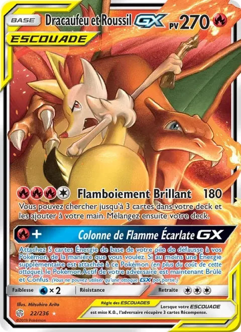 Carte Pokémon Dracaufeu et Roussil GX 022/236, extension Éclipse Cosmique